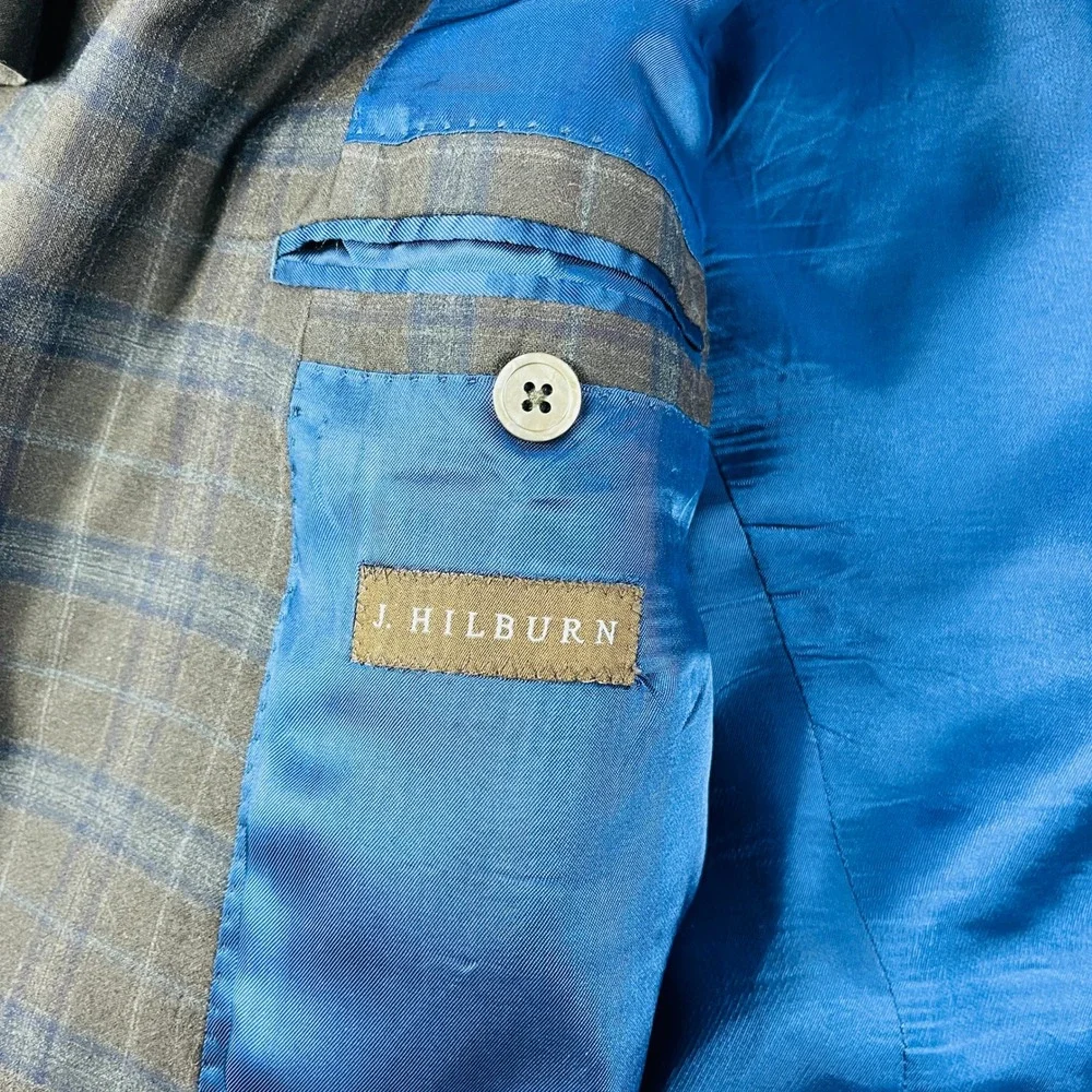 J. Hilburn Guabello Wool‎ Blazer Mens 45R Brown Blue Plaid Sport Coat Portugal